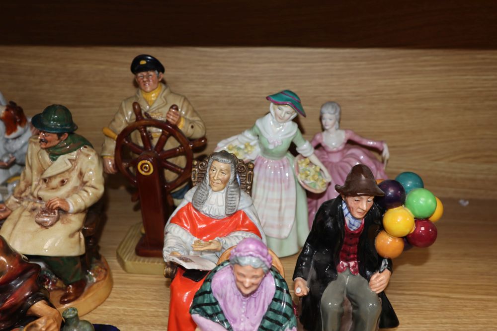 Twelve various Royal Doulton figures and groups and a Coalport lady